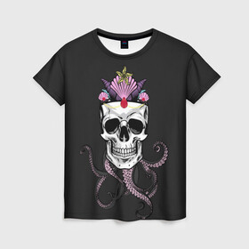 Женская футболка 3D с принтом Octo-Queen в Кировске, 100% полиэфир ( синтетическое хлопкоподобное полотно) | прямой крой, круглый вырез горловины, длина до линии бедер | abyss | crown | depth | ocean | octopus | queen | sea | shell | skull | water | вода | глубина | королева | корона | море | океан | осьминог | пучина | ракушка | череп