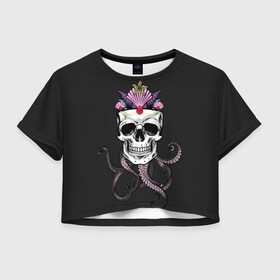 Женская футболка Crop-top 3D с принтом Octo-Queen в Кировске, 100% полиэстер | круглая горловина, длина футболки до линии талии, рукава с отворотами | Тематика изображения на принте: abyss | crown | depth | ocean | octopus | queen | sea | shell | skull | water | вода | глубина | королева | корона | море | океан | осьминог | пучина | ракушка | череп