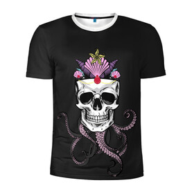 Мужская футболка 3D спортивная с принтом Octo-Queen в Кировске, 100% полиэстер с улучшенными характеристиками | приталенный силуэт, круглая горловина, широкие плечи, сужается к линии бедра | Тематика изображения на принте: abyss | crown | depth | ocean | octopus | queen | sea | shell | skull | water | вода | глубина | королева | корона | море | океан | осьминог | пучина | ракушка | череп