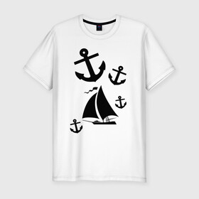 Мужская футболка хлопок Slim с принтом Яхта в Кировске, 92% хлопок, 8% лайкра | приталенный силуэт, круглый вырез ворота, длина до линии бедра, короткий рукав | корабль | паруса | парусник | судно | якорь | яхта