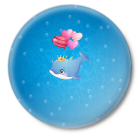 Значок с принтом Дельфин с воздушными шариками в Кировске,  металл | круглая форма, металлическая застежка в виде булавки | cute | dolphin | два дельфина | дельфин | дельфин в море | дельфинами | милый | мир | подводный