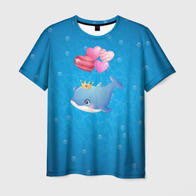 Мужская футболка 3D с принтом Дельфин с воздушными шариками в Кировске, 100% полиэфир | прямой крой, круглый вырез горловины, длина до линии бедер | cute | dolphin | два дельфина | дельфин | дельфин в море | дельфинами | милый | мир | подводный