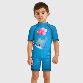 Детский купальный костюм 3D с принтом Дельфин с воздушными шариками в Кировске, Полиэстер 85%, Спандекс 15% | застежка на молнии на спине | Тематика изображения на принте: cute | dolphin | два дельфина | дельфин | дельфин в море | дельфинами | милый | мир | подводный