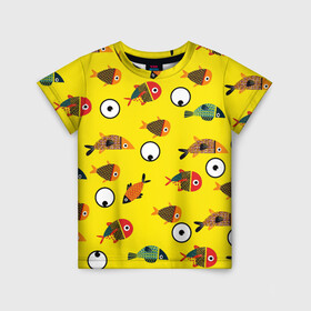 Детская футболка 3D с принтом Рыбки на жёлтом в Кировске, 100% гипоаллергенный полиэфир | прямой крой, круглый вырез горловины, длина до линии бедер, чуть спущенное плечо, ткань немного тянется | глаза | лето | морские жители | подводный мир | популярные иллюстрации | рыбки на жёлтом | рыбы | цветные рыбки