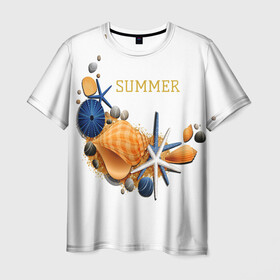 Мужская футболка 3D с принтом Summer в Кировске, 100% полиэфир | прямой крой, круглый вырез горловины, длина до линии бедер | summer | лето | морская звезда | надписи о лете | популярные иллюстрации | ракушки
