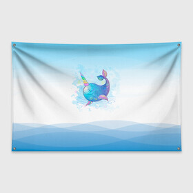 Флаг-баннер с принтом Дельфин единорог в Кировске, 100% полиэстер | размер 67 х 109 см, плотность ткани — 95 г/м2; по краям флага есть четыре люверса для крепления | cute | dolphin | unicorn | два дельфина | дельфин | дельфин в море | дельфинами | единорог | милый | мир | подводный