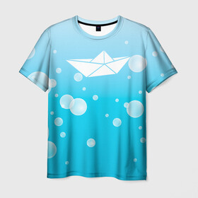 Мужская футболка 3D с принтом Бумажный кораблик в Кировске, 100% полиэфир | прямой крой, круглый вырез горловины, длина до линии бедер | бумажный | кораблик | кораблики на синем | корабль | пузыри