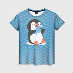 Женская футболка 3D с принтом Пингвин в Кировске, 100% полиэфир ( синтетическое хлопкоподобное полотно) | прямой крой, круглый вырез горловины, длина до линии бедер | ест рыбу | морские | океан | пингвин | пингвинчик | рыба | рыбку
