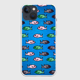 Чехол для iPhone 13 с принтом Рыбки в Кировске,  |  | fish | море | морские | на синем | паттерн | рыба | рыбки | рыбы