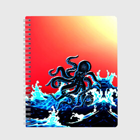 Тетрадь с принтом Кракен в Море | Градиент в Кировске, 100% бумага | 48 листов, плотность листов — 60 г/м2, плотность картонной обложки — 250 г/м2. Листы скреплены сбоку удобной пружинной спиралью. Уголки страниц и обложки скругленные. Цвет линий — светло-серый
 | animal | beast | fade | kraken | monster | moon | ocean | octopus | sea | water | waves | вода | волны | градиент | животные | звери | кракен | луна | монстр | море | океан | осьминог | рыбы | щупальца