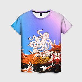 Женская футболка 3D с принтом Осьминог в Лаве | Градиент в Кировске, 100% полиэфир ( синтетическое хлопкоподобное полотно) | прямой крой, круглый вырез горловины, длина до линии бедер | animal | beast | fade | kraken | monster | moon | ocean | octopus | sea | water | waves | вода | волны | градиент | животные | звери | кракен | лава | луна | монстр | море | небо | огонь | океан | осьминог | рыбы | щупальца