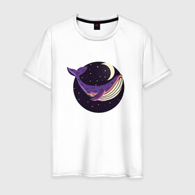 Мужская футболка хлопок с принтом Кит, звезды и луна в Кировске, 100% хлопок | прямой крой, круглый вырез горловины, длина до линии бедер, слегка спущенное плечо. | whale | звезда | звезды | кит | киты | луна | ночь