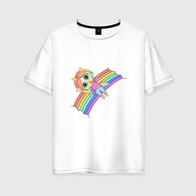 Женская футболка хлопок Oversize с принтом Единорожка на радуге в Кировске, 100% хлопок | свободный крой, круглый ворот, спущенный рукав, длина до линии бедер
 | rainbow | unicorn | единорог | единорожка | радуга | яркая радуга | яркий принт