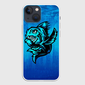 Чехол для iPhone 13 mini с принтом Пиранья в Кировске,  |  | fish | piranha | живность | морская | на синем | пиранья | рыба