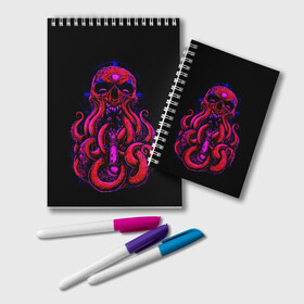 Блокнот с принтом Череп Осьминог Octopus Skull в Кировске, 100% бумага | 48 листов, плотность листов — 60 г/м2, плотность картонной обложки — 250 г/м2. Листы скреплены удобной пружинной спиралью. Цвет линий — светло-серый
 | Тематика изображения на принте: animal | beast | kraken | monster | ocean | octopus | sea | skull | water | waves | вода | животные | звери | кракен | монстр | море | океан | осьминог | рыбы | череп | щупальца
