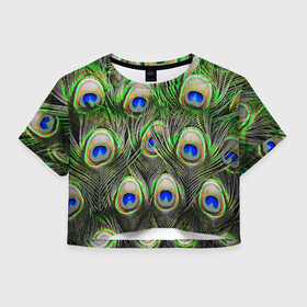 Женская футболка Crop-top 3D с принтом peacock в Кировске, 100% полиэстер | круглая горловина, длина футболки до линии талии, рукава с отворотами | pavonine | peacock | peafowl | plumage | павлин