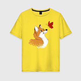 Женская футболка хлопок Oversize с принтом лиса и бабочка в Кировске, 100% хлопок | свободный крой, круглый ворот, спущенный рукав, длина до линии бедер
 | butterfly | fox | бабочка | звери | лиса