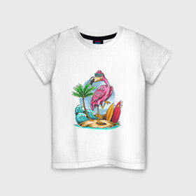 Детская футболка хлопок с принтом Отдыхаю как фламинго в Кировске, 100% хлопок | круглый вырез горловины, полуприлегающий силуэт, длина до линии бедер | Тематика изображения на принте: море | океан | отдых | отпуск | пальмы | путешествие | серфинг | фламинго