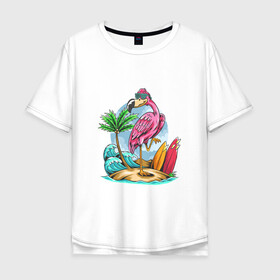 Мужская футболка хлопок Oversize с принтом Отдыхаю как фламинго в Кировске, 100% хлопок | свободный крой, круглый ворот, “спинка” длиннее передней части | море | океан | отдых | отпуск | пальмы | путешествие | серфинг | фламинго