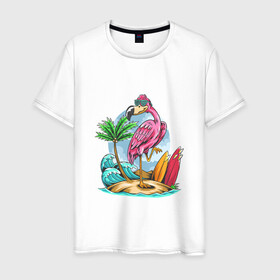 Мужская футболка хлопок с принтом Отдыхаю как фламинго в Кировске, 100% хлопок | прямой крой, круглый вырез горловины, длина до линии бедер, слегка спущенное плечо. | море | океан | отдых | отпуск | пальмы | путешествие | серфинг | фламинго