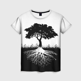 Женская футболка 3D с принтом ДЕРЕВО ИНЬ-ЯНЬ в Кировске, 100% полиэфир ( синтетическое хлопкоподобное полотно) | прямой крой, круглый вырез горловины, длина до линии бедер | blackwhite | evil | tree | дерево | добро | зло | инь янь | корни | лес | листья | природа | саванна | узор | черно белое
