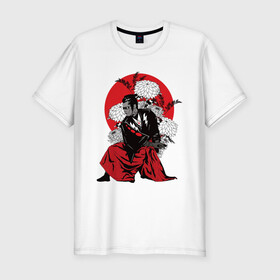 Мужская футболка хлопок Slim с принтом САМУРАЙ 007 в Кировске, 92% хлопок, 8% лайкра | приталенный силуэт, круглый вырез ворота, длина до линии бедра, короткий рукав | black | bond | flowers | japan | red | samurai | кимоно | костюм | меч | самурай | цветы | япония