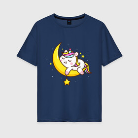 Женская футболка хлопок Oversize с принтом Милый единорог спит на луне в Кировске, 100% хлопок | свободный крой, круглый ворот, спущенный рукав, длина до линии бедер
 | cute | funny | pony | rainbow | unicorn | единорог | единорожка | милый | пони | радуга