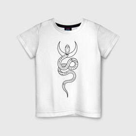 Детская футболка хлопок с принтом Лунная змея в Кировске, 100% хлопок | круглый вырез горловины, полуприлегающий силуэт, длина до линии бедер | line art | tatoo art | witch | witchcraft | witchtok | ведьмин знак | витчток | змея | лайн арт | луна | тату рисунок | язычество