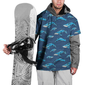 Накидка на куртку 3D с принтом Киты на синем в Кировске, 100% полиэстер |  | Тематика изображения на принте: whale | кит | киты | море | на синем | паттерн