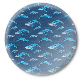 Значок с принтом Киты на синем в Кировске,  металл | круглая форма, металлическая застежка в виде булавки | whale | кит | киты | море | на синем | паттерн