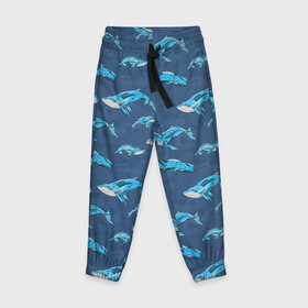 Детские брюки 3D с принтом Киты на синем в Кировске, 100% полиэстер | манжеты по низу, эластичный пояс регулируется шнурком, по бокам два кармана без застежек, внутренняя часть кармана из мелкой сетки | whale | кит | киты | море | на синем | паттерн