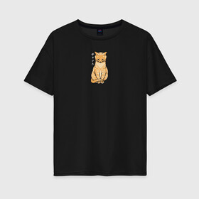 Женская футболка хлопок Oversize с принтом Serenity Cat в Кировске, 100% хлопок | свободный крой, круглый ворот, спущенный рукав, длина до линии бедер
 | животное | звери | иероглифы | кот | кошка | надпись на японском | питомец | спокойствие