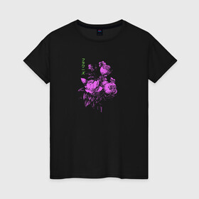 Женская футболка хлопок с принтом Purple flowers в Кировске, 100% хлопок | прямой крой, круглый вырез горловины, длина до линии бедер, слегка спущенное плечо | flowers | иероглифы | надпись на японском | природа | растение | роза | цветочки | цветы