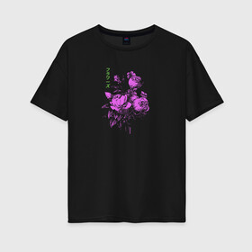 Женская футболка хлопок Oversize с принтом Purple flowers в Кировске, 100% хлопок | свободный крой, круглый ворот, спущенный рукав, длина до линии бедер
 | flowers | иероглифы | надпись на японском | природа | растение | роза | цветочки | цветы