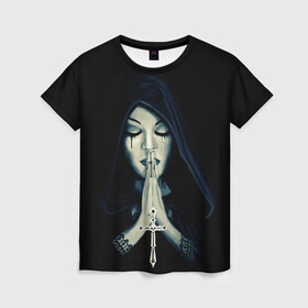 Женская футболка 3D с принтом Монашка с крестом в Кировске, 100% полиэфир ( синтетическое хлопкоподобное полотно) | прямой крой, круглый вырез горловины, длина до линии бедер | анархия | крест | крест и монашка | крест череп | крестик | манархия | манашка | молитва | молится | монашка | монашка и крест | монашка с крестиком | монашка с крестом | монашки | с крестом | череп