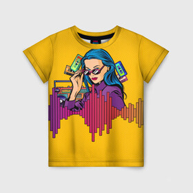 Детская футболка 3D с принтом Ретро Девушка 90-х Арт в Кировске, 100% гипоаллергенный полиэфир | прямой крой, круглый вырез горловины, длина до линии бедер, чуть спущенное плечо, ткань немного тянется | 80 е | 90 е | art. | disco | girl | pop | purple | retro | yellow | бумбокс | в горошек | желтый | кассета | кассеты | лето | магнитофон | музыка | принт | фиолетовый | яркий