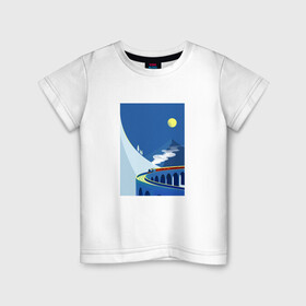 Детская футболка хлопок с принтом паровозик в Кировске, 100% хлопок | круглый вырез горловины, полуприлегающий силуэт, длина до линии бедер | Тематика изображения на принте: гора | минимализм | мостик | паровозик | синее небо | снег | солнышко