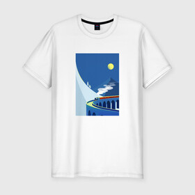 Мужская футболка хлопок Slim с принтом паровозик в Кировске, 92% хлопок, 8% лайкра | приталенный силуэт, круглый вырез ворота, длина до линии бедра, короткий рукав | гора | минимализм | мостик | паровозик | синее небо | снег | солнышко
