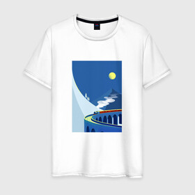 Мужская футболка хлопок с принтом паровозик в Кировске, 100% хлопок | прямой крой, круглый вырез горловины, длина до линии бедер, слегка спущенное плечо. | гора | минимализм | мостик | паровозик | синее небо | снег | солнышко