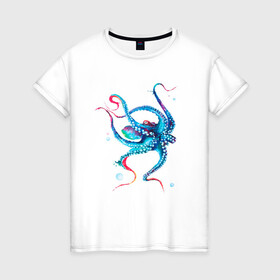Женская футболка хлопок с принтом Осьминог акварель в Кировске, 100% хлопок | прямой крой, круглый вырез горловины, длина до линии бедер, слегка спущенное плечо | cute | octopus | акварель | милый | осьминог | осьминожка | тентакли