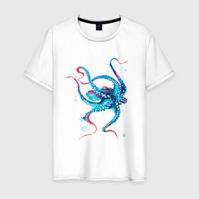Мужская футболка хлопок с принтом Осьминог акварель в Кировске, 100% хлопок | прямой крой, круглый вырез горловины, длина до линии бедер, слегка спущенное плечо. | cute | octopus | акварель | милый | осьминог | осьминожка | тентакли