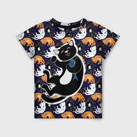 Детская футболка 3D с принтом Японские котики в Кировске, 100% гипоаллергенный полиэфир | прямой крой, круглый вырез горловины, длина до линии бедер, чуть спущенное плечо, ткань немного тянется | группа | животные | кот | кот с рыбой | котики | манэки нэко | манящий кот | чёрный кот | япония