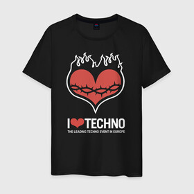 Мужская футболка хлопок с принтом I love techno в Кировске, 100% хлопок | прямой крой, круглый вырез горловины, длина до линии бедер, слегка спущенное плечо. | Тематика изображения на принте: i love techno | love | techno | техно | я люблю техно