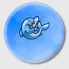 Значок с принтом Дельфин с коктейлем в Кировске,  металл | круглая форма, металлическая застежка в виде булавки | dolphin | дельфин | коктейль | море | морские | на голубом | с дельфином
