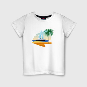 Детская футболка хлопок с принтом Корабль и пальма в Кировске, 100% хлопок | круглый вырез горловины, полуприлегающий силуэт, длина до линии бедер | palm | sailboat | кораблик | корабль | лодка | пальма | парус | парусная лодка