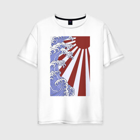 Женская футболка хлопок Oversize с принтом Волна и солнце в Канагаве в Кировске, 100% хлопок | свободный крой, круглый ворот, спущенный рукав, длина до линии бедер
 | japan | japanese style | ninja | samurai | shinobi | the great wave off kanagawa | большая волна в канагаве | иероглифы | канагава | киото | осака | самурай | токио | японист | япония | японский стиль | японский флаг | японское солнце