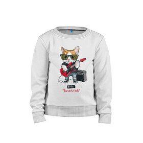 Детский свитшот хлопок с принтом КРУТОЙ КОТ ГИТАРИСТ в Кировске, 100% хлопок | круглый вырез горловины, эластичные манжеты, пояс и воротник | and | cat | cats | cute | funny | guitar | heavy | kitten | kitty | meow | metal | music | n | pet | playing | rock | roll | star | гитара | гитарист | кот | котик | коты | кошка | кошки | крутой | музыка | рок