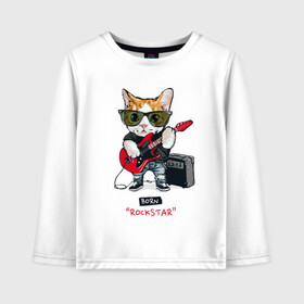 Детский лонгслив хлопок с принтом КРУТОЙ КОТ ГИТАРИСТ в Кировске, 100% хлопок | круглый вырез горловины, полуприлегающий силуэт, длина до линии бедер | and | cat | cats | cute | funny | guitar | heavy | kitten | kitty | meow | metal | music | n | pet | playing | rock | roll | star | гитара | гитарист | кот | котик | коты | кошка | кошки | крутой | музыка | рок