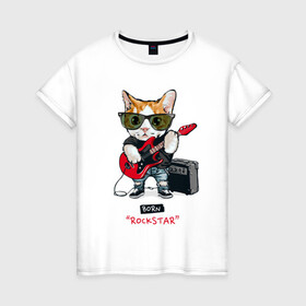 Женская футболка хлопок с принтом КРУТОЙ КОТ ГИТАРИСТ в Кировске, 100% хлопок | прямой крой, круглый вырез горловины, длина до линии бедер, слегка спущенное плечо | and | cat | cats | cute | funny | guitar | heavy | kitten | kitty | meow | metal | music | n | pet | playing | rock | roll | star | гитара | гитарист | кот | котик | коты | кошка | кошки | крутой | музыка | рок