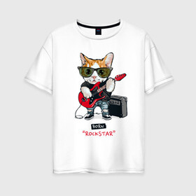 Женская футболка хлопок Oversize с принтом КРУТОЙ КОТ ГИТАРИСТ в Кировске, 100% хлопок | свободный крой, круглый ворот, спущенный рукав, длина до линии бедер
 | and | cat | cats | cute | funny | guitar | heavy | kitten | kitty | meow | metal | music | n | pet | playing | rock | roll | star | гитара | гитарист | кот | котик | коты | кошка | кошки | крутой | музыка | рок